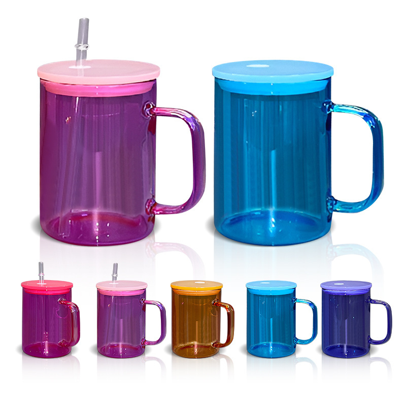 AGH New Arrivals 15oz Colorful Sublimation Glass Mug Can Mugs Cup With Handle with Colored Lids for DIY Printing