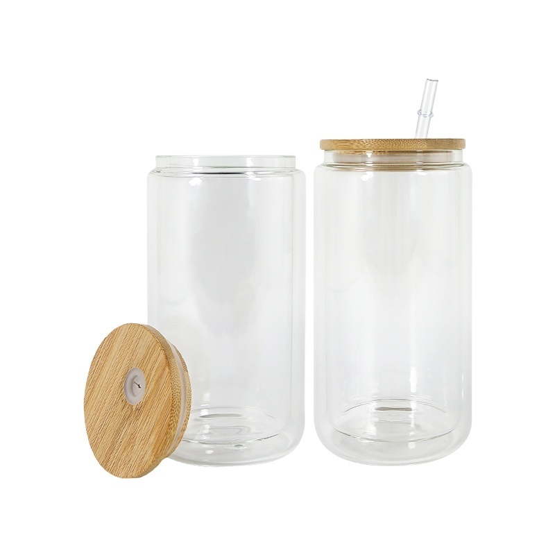 USA 16oz 25oz Clear Double Walled Pre-Drilled Snow Globe Sublimation Glass Beer Can  with  Bamboo Lid and Plastic Straw