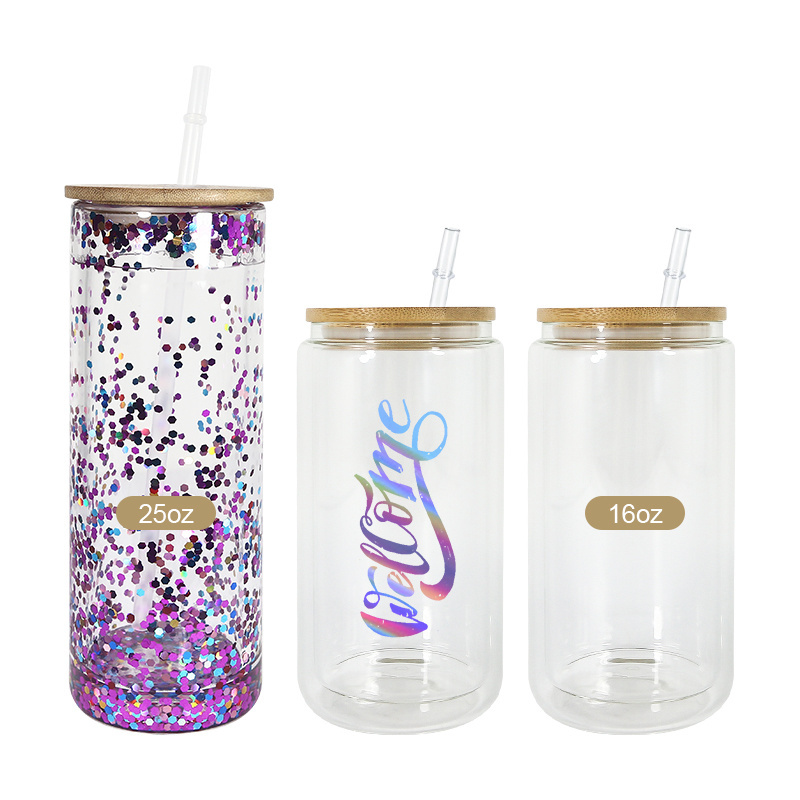 USA 16oz 25oz Clear Double Walled Pre-Drilled Snow Globe Sublimation Glass Beer Can  with  Bamboo Lid and Plastic Straw