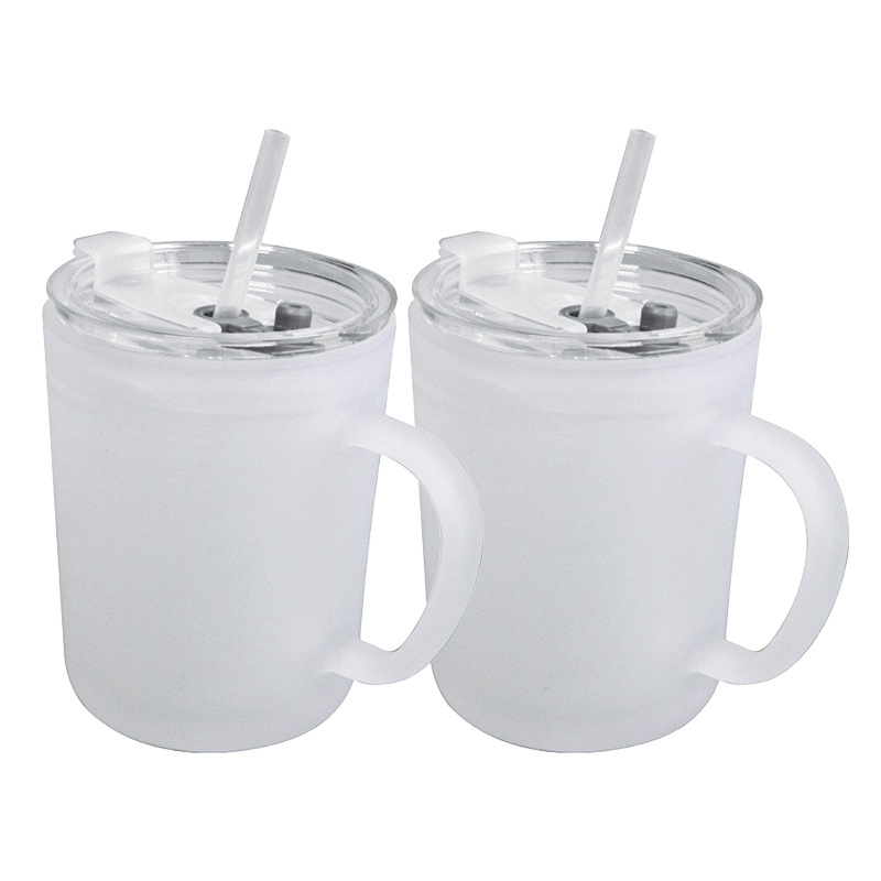 Wholesale new design 15oz frosted sublimation blanks glass coffee beer mugs with handle lid and plastic straw