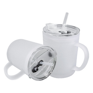 Wholesale new design 15oz frosted sublimation blanks glass coffee beer mugs with handle lid and plastic straw