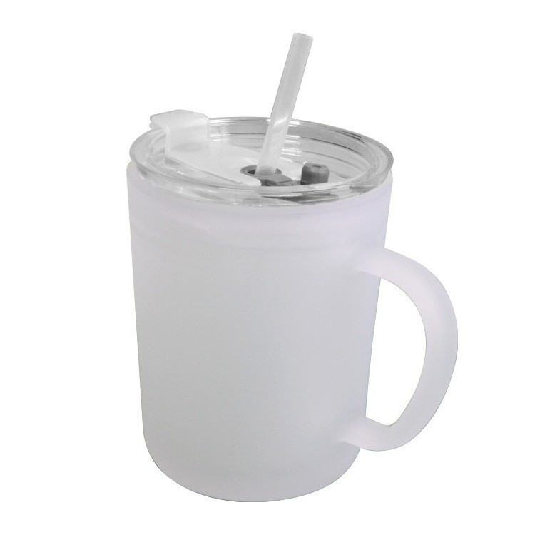 Wholesale new design 15oz frosted sublimation blanks glass coffee beer mugs with handle lid and plastic straw