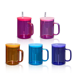 AGH New Arrivals 15oz Colorful Sublimation Glass Mug Can Mugs Cup With Handle with Colored Lids for DIY Printing