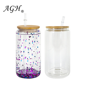 USA 16oz 25oz Clear Double Walled Pre-Drilled Snow Globe Sublimation Glass Beer Can  with  Bamboo Lid and Plastic Straw