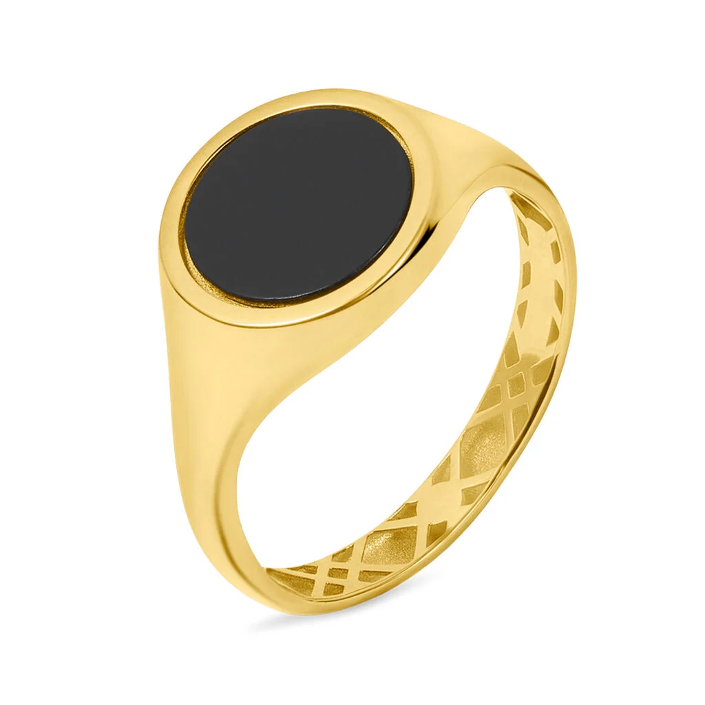 Protofusion Men's Black Onyx Classic Ring - Round Shaped in Elegant 18k Pure Gold with 3-D Stamp Detail - Timeless Appeal