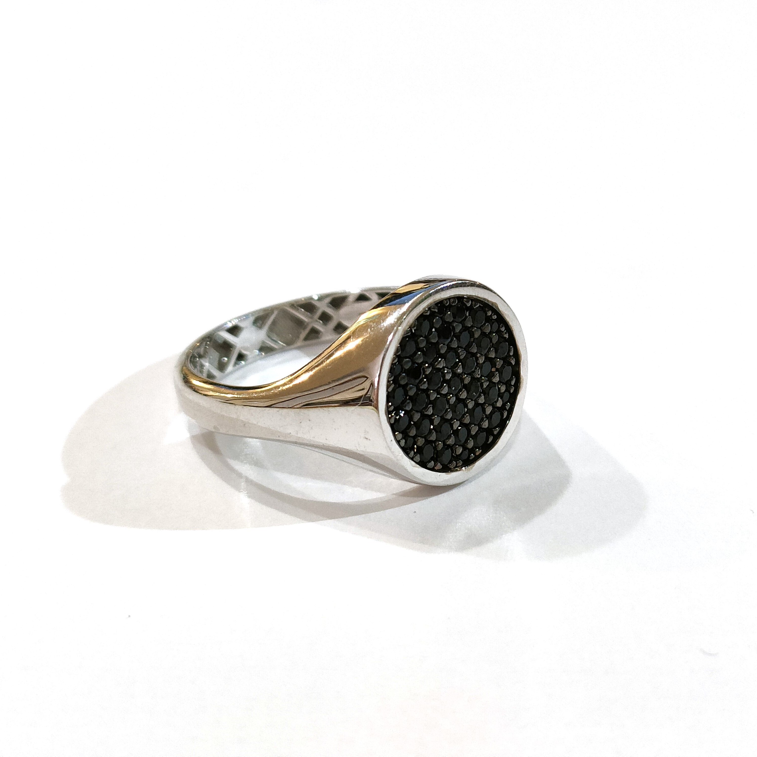 Men's White Gold Round Black Spinel Ring - 750 White Gold with Classic Black Gemstones and 3-D Stamp - Timeless Sophistication