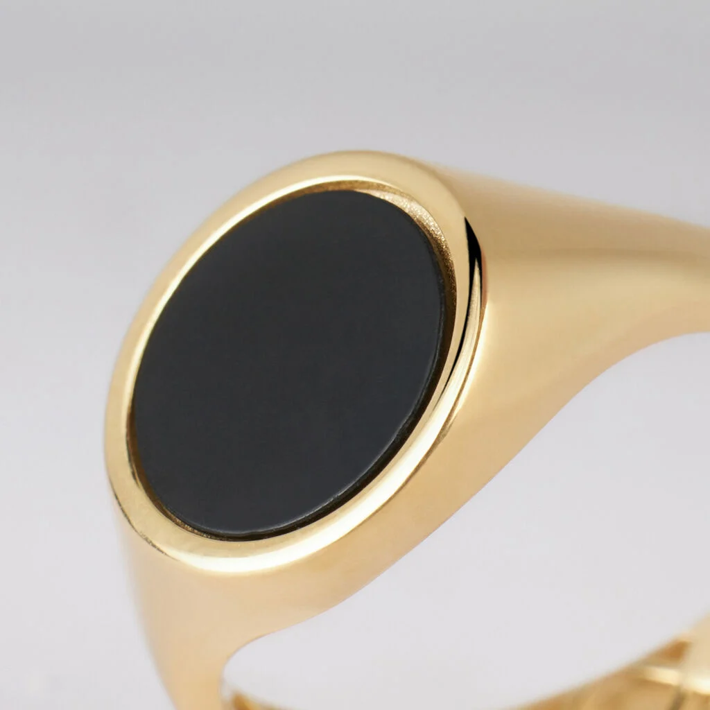 Protofusion Men's Black Onyx Classic Ring - Round Shaped in Elegant 18k Pure Gold with 3-D Stamp Detail - Timeless Appeal