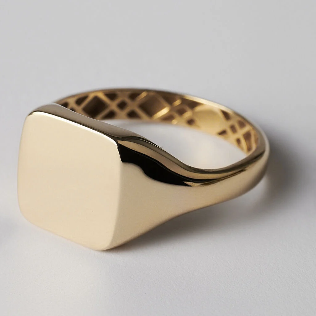 Protofusion Men's Square Ring in Pure Yellow Gold - 750 Gold with Simplistic Elegance and Subtle 3-D Stamp - Understated Luxury