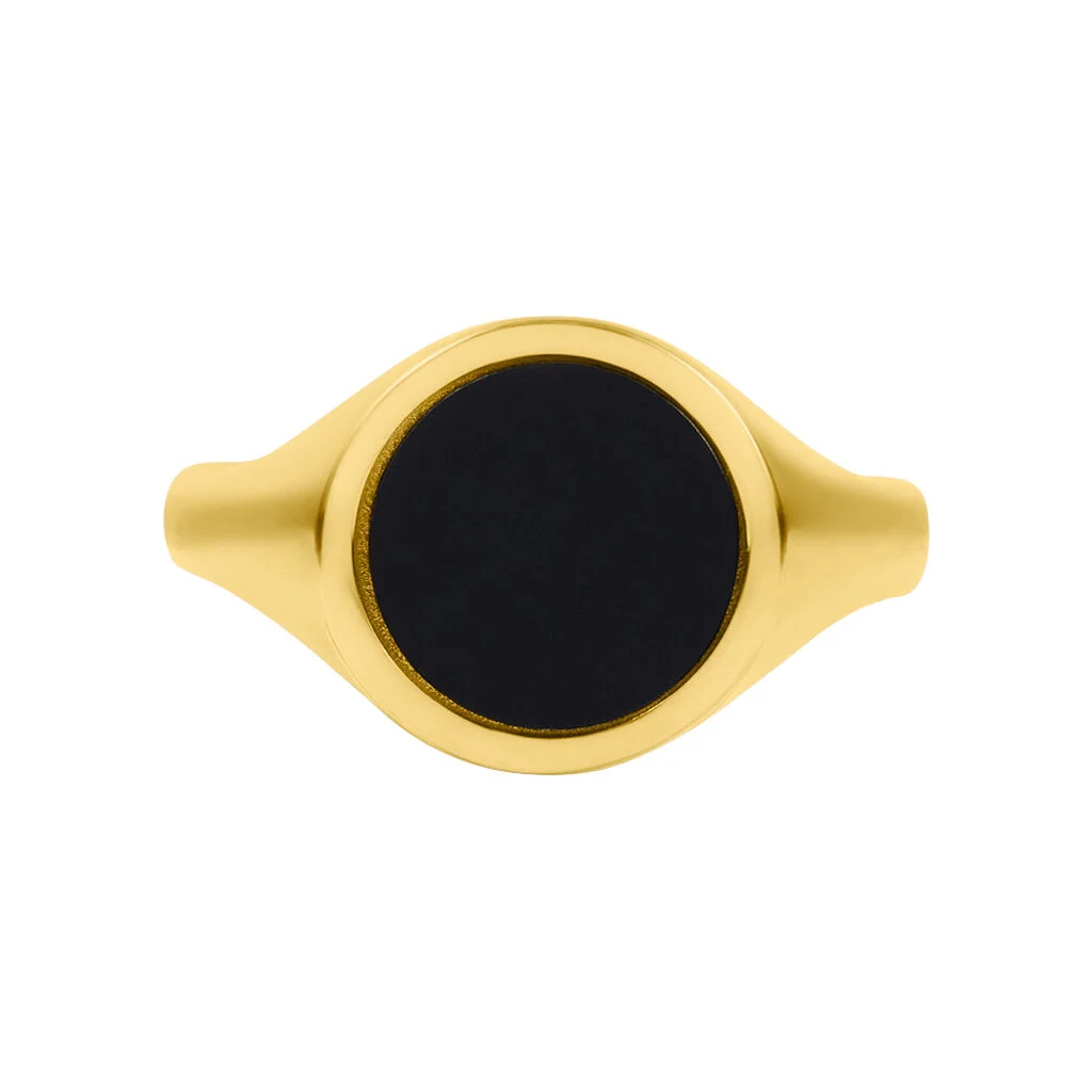 Protofusion Men's Black Onyx Classic Ring - Round Shaped in Elegant 18k Pure Gold with 3-D Stamp Detail - Timeless Appeal