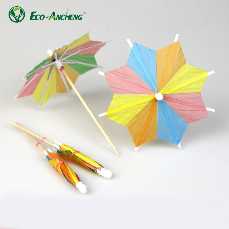 Wholesale Custom Cocktail Umbrella Picks Bamboo Cellophane Frilled Toothpicks