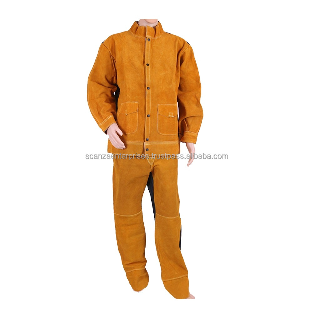 Leather Welding Suit Split Leather Welding Jackets Welding Pants Safety Work Long Sleeves Heat Resistant Cowhide Yellow Brown PK