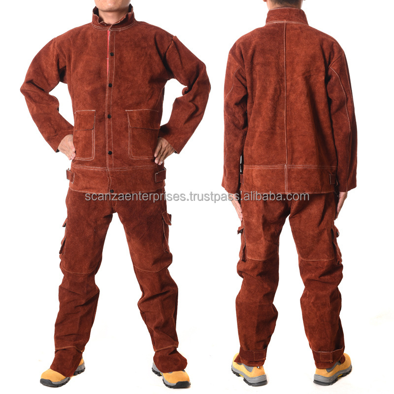 Leather Welding Suit Split Leather Welding Jackets Welding Pants Safety Work Long Sleeves Heat Resistant Cowhide Yellow Brown PK