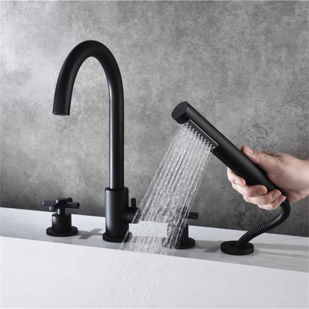 Commercial Use 59% Solid Brass 4 Hole Matt Black Deck Mounted Finish Wash Bathroom Water Faucet