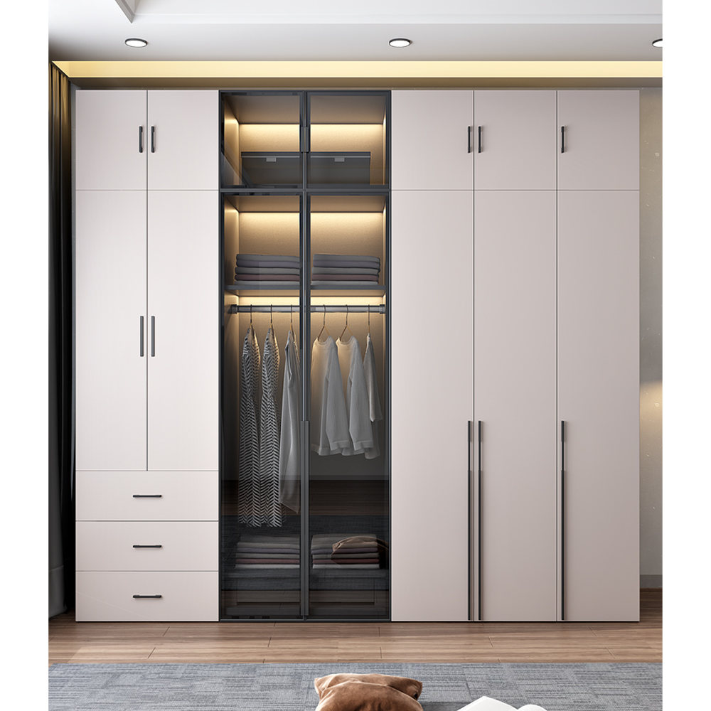 Grey Plated Melamine Wooden Clothes Custom Bedroom Cabinet Combination Of Wardrobe