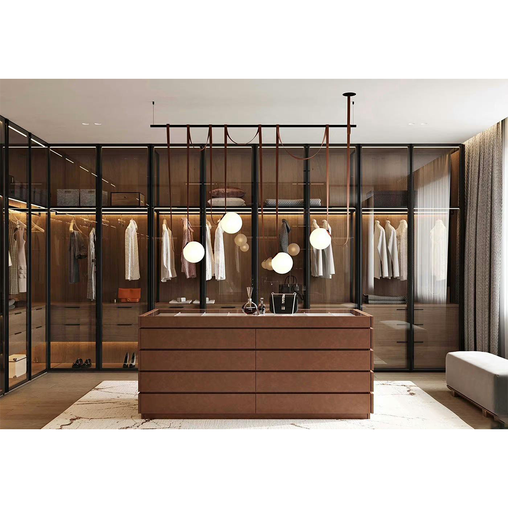 Luxury Glass Door Lighting Walk In Closet Bedroom Wardrobe Modular Customized Closets With Jewelry Drawers Island