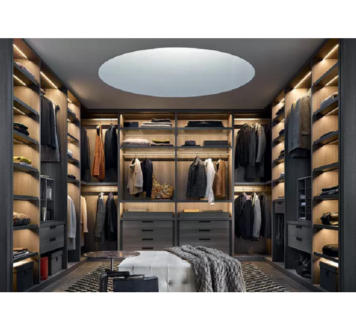 Melamine Finished U Shaped Walk in Closet Modern Bedroom Furniture LED Lights Plywood Wardrobe