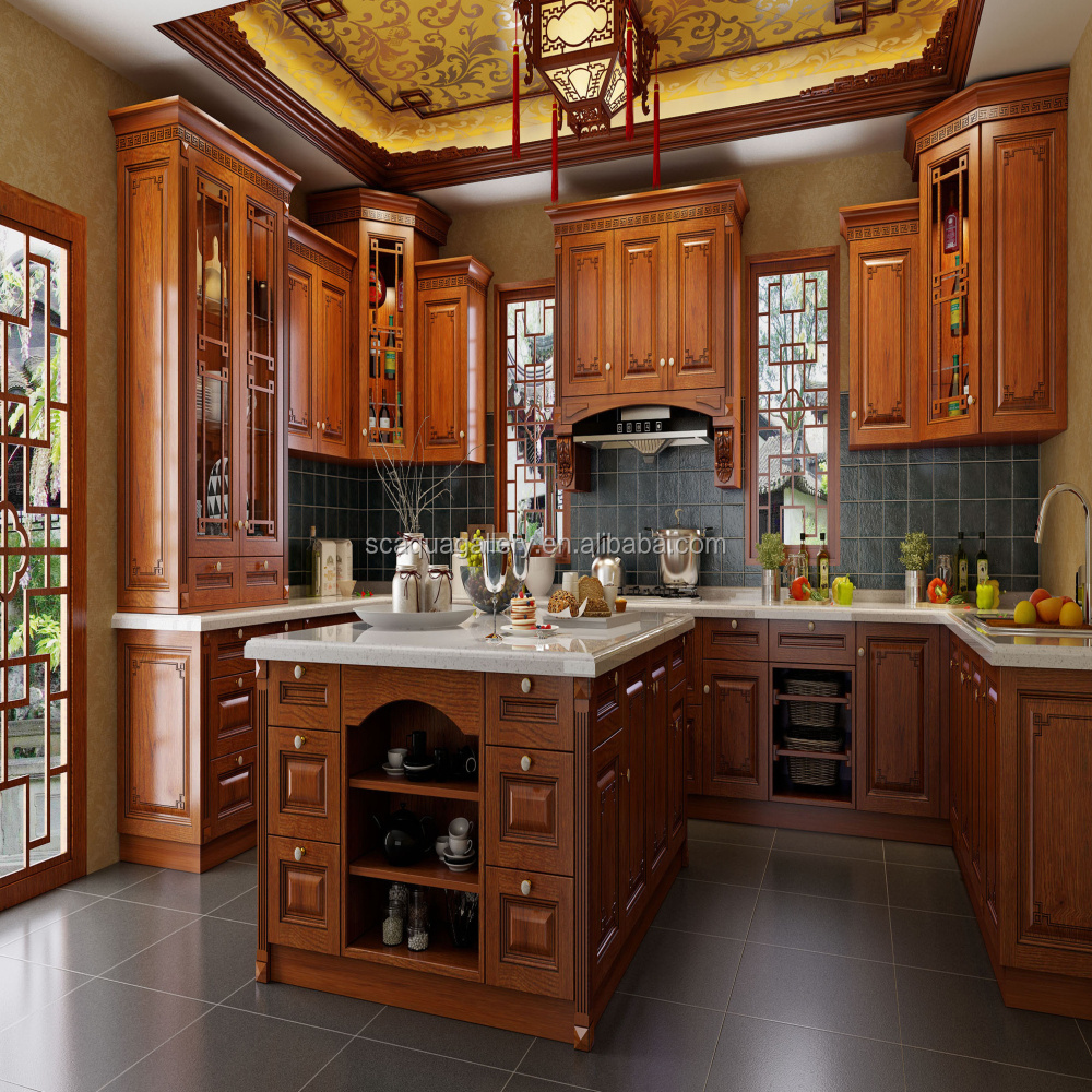 Rustic Style Oak Wood Classic Kitchen Furniture with Custom Island Cabinet