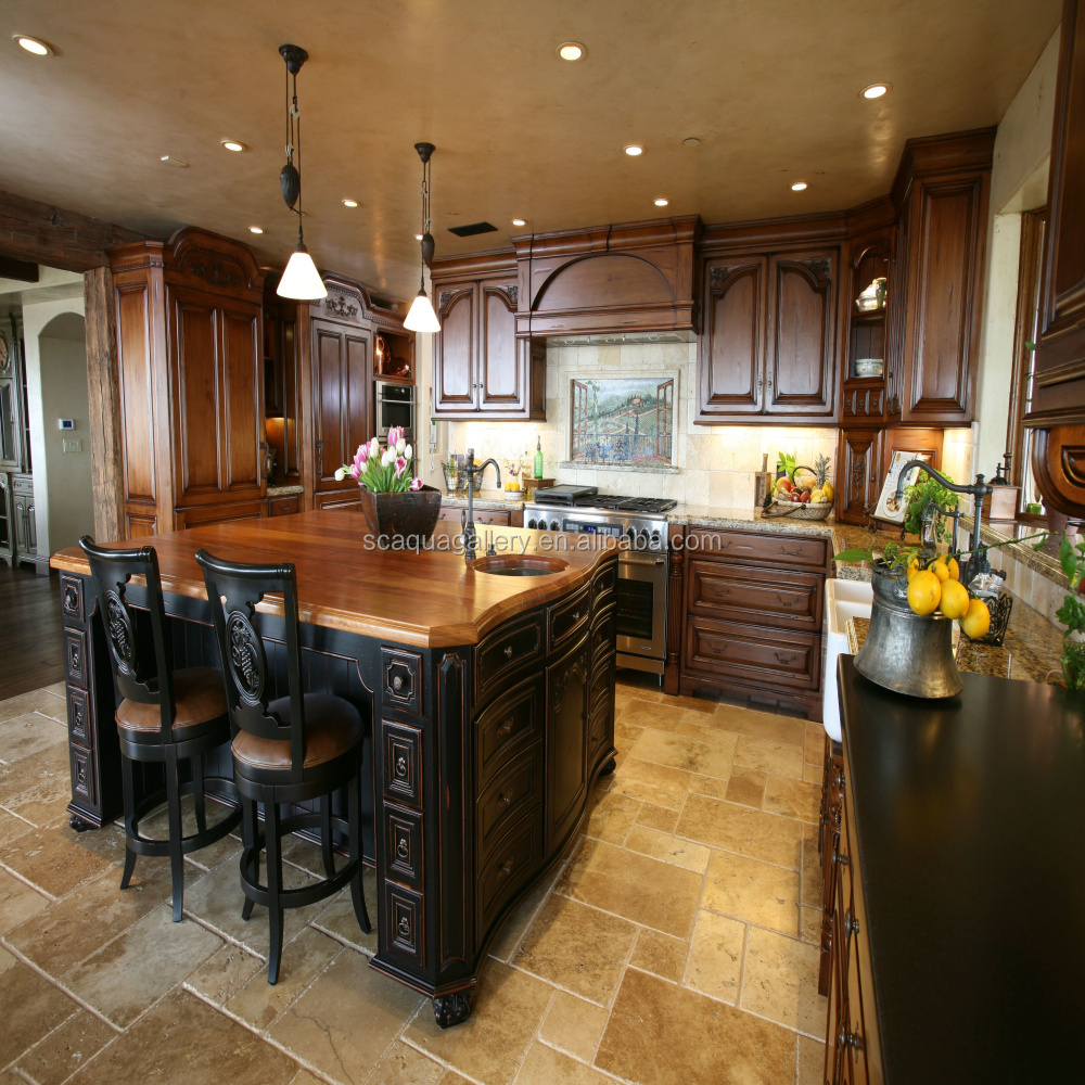 Rustic Style Oak Wood Classic Kitchen Furniture with Custom Island Cabinet