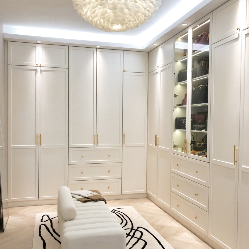 L Shape Wooden Customized Wardrobes Bedroom Walk in Closet with Sliding Doors