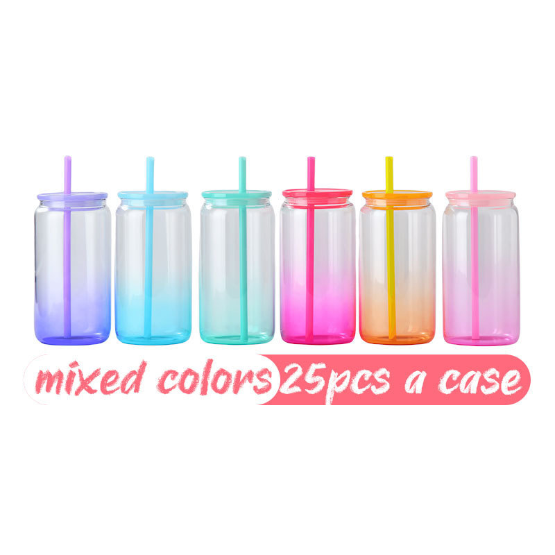 USA Warehouse NEW 16oz Sublimation Blanks Clear ombre Candy Colorful Jelly Glass Mugs tumbler With Colored Plastic Lid and Straw