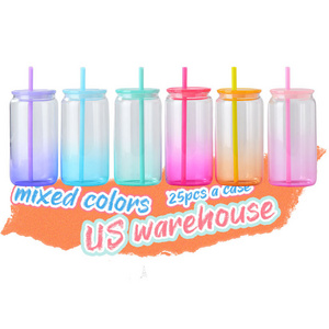 USA Warehouse NEW 16oz Sublimation Blanks Clear ombre Candy Colorful Jelly Glass Mugs tumbler With Colored Plastic Lid and Straw