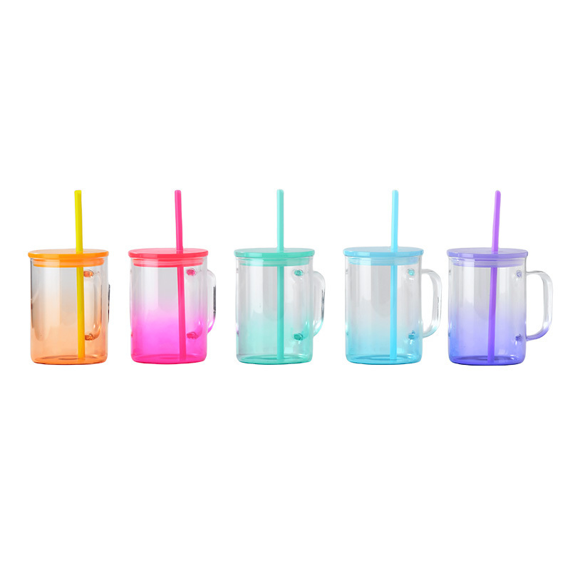 USA Warehouse NEW 17oz Sublimation Blanks Clear ombre Candy Colorful Jelly Glass Mugs tumbler With Colored Plastic Lid and Straw