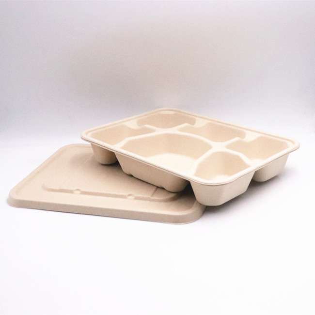 disposable eco-friendly biodegradable fast food packaging takeaway 5 compartment food tray lunch meal catering box with lid