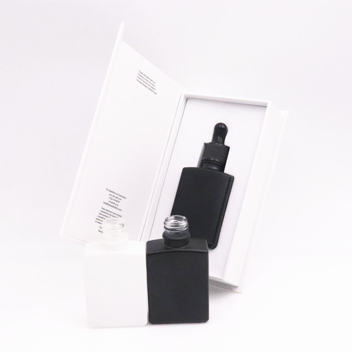 Hot 1oz 30ml frosted black square glass serum dropper bottles gift box packaging 1oz essential oil bead oil dropper bottle