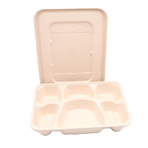 6 compartment disposable plates sugarcane bagasse plate tray with lid