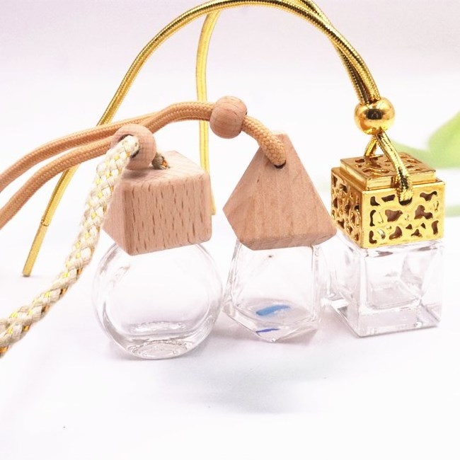 RTS Hanging Perfume Car Air Freshener Bottles 10ml Wooden Round Square Empty Aroma Glass Car Perfume Diffuser Bottle