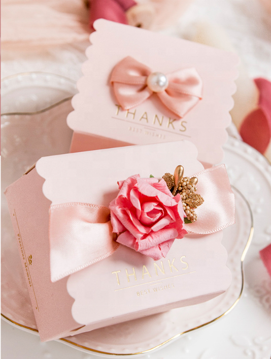 Wholesale Luxury Pink Flower Bow Mini Wedding Favors Paper Chocolate Candy Favor Box