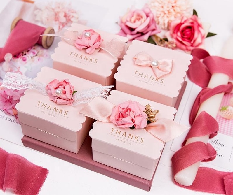 Wholesale Luxury Pink Flower Bow Mini Wedding Favors Paper Chocolate Candy Favor Box