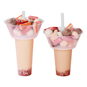 custom Logo Printed Eco-friendly colorful disposable 2 in 1 snack drink bubble tea cup bowl with straw