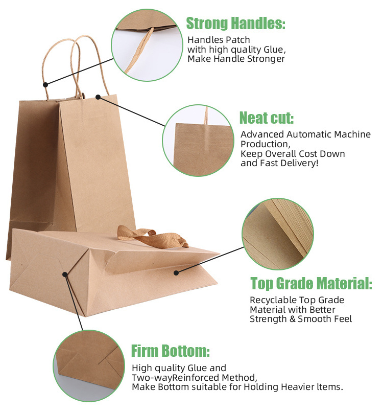 15*8*21cm 130g In stock Shopping Gift Handle Craft Print Food Takeaway Packaging White Brown Small  Kraft Paper Bag