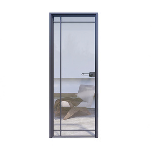 Simple Design Narrow Frame Aluminum Tempered Glass Interior Swing Door for Toilet, Bathroom and Room Casement Door