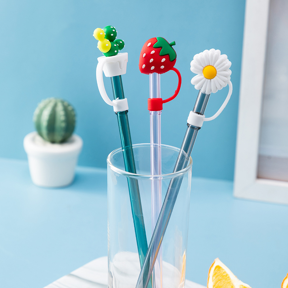 Wholesale Cute Cartoon Straw Silicone Dustproof Cover Drinking Straw Plugs Reusable Straw Tip Cover Toppers