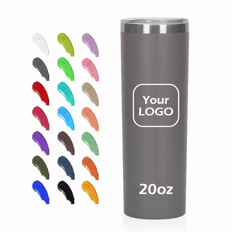 Custom Logo for coffee cup Powder Coated Stainless Steel Water Bottles Double Wall Coffee Mugs 20 oz Skinny Tumbler Cups In Bulk