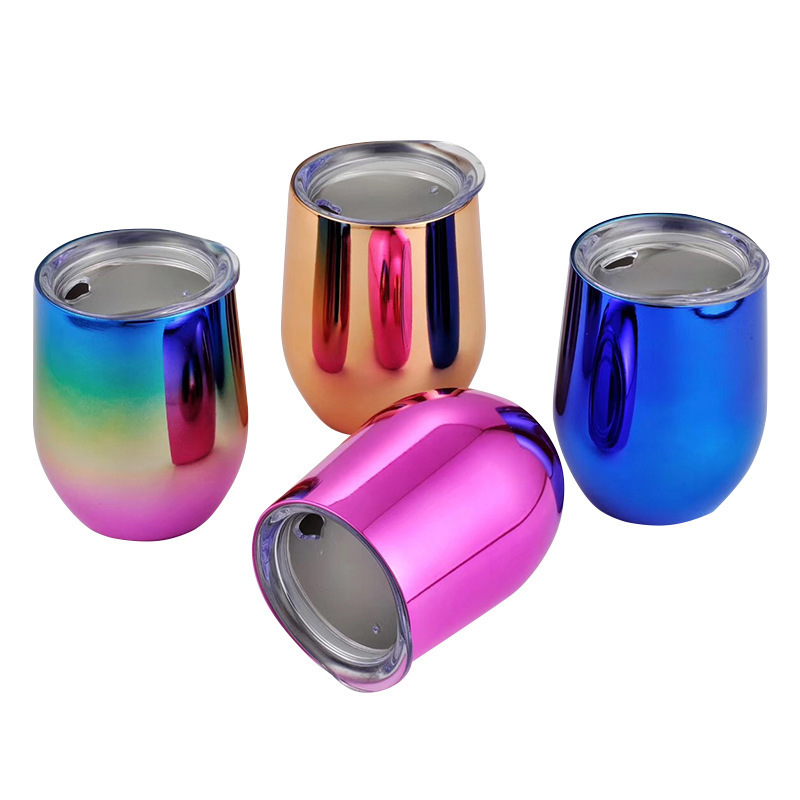 Luxury Fashion Holographic Stainless Steel Wine Glass 12OZ Rose Gold Egg Shape Bottle Cup Double Wall Insulated Wine Tumbler Set