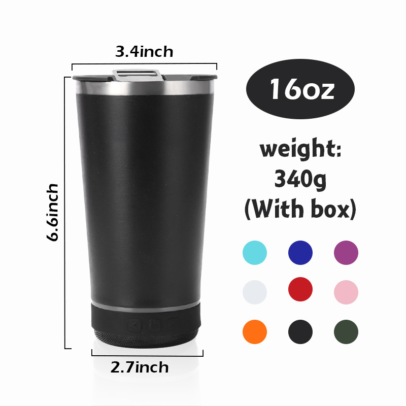 Custom 473ml 16oz logo double wall stainless steel metal insulated travel beer mug tumbler with opener and wireless speaker mug