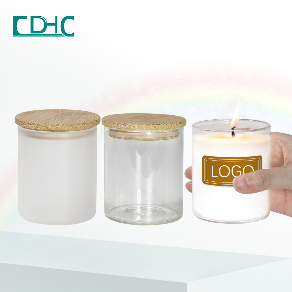 Wholesale in bulk Sublimation Straight Stash 10oz frosted glass cup candle holders, lanterns, & candle jars with wooden lid