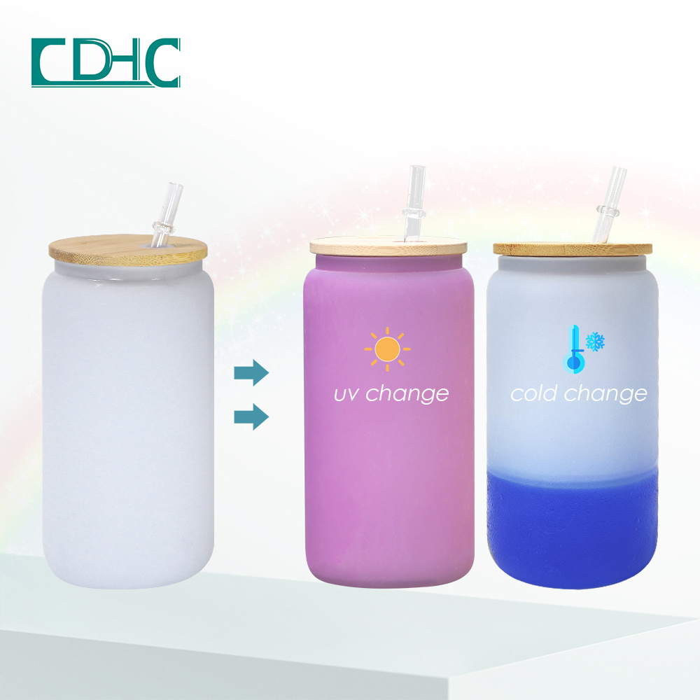 New style 16 oz beer can glass UV and cold water color changed sublimation Mason can shaped glass jar with bamboo lid and straw