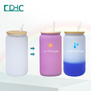 New style 16 oz beer can glass UV and cold water color changed sublimation Mason can shaped glass jar with bamboo lid and straw