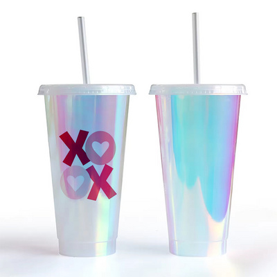 2024 new business gift 710ml 24oz cold water bottle juice drink tea cup holographic single wall PP plastic tumbler with straw