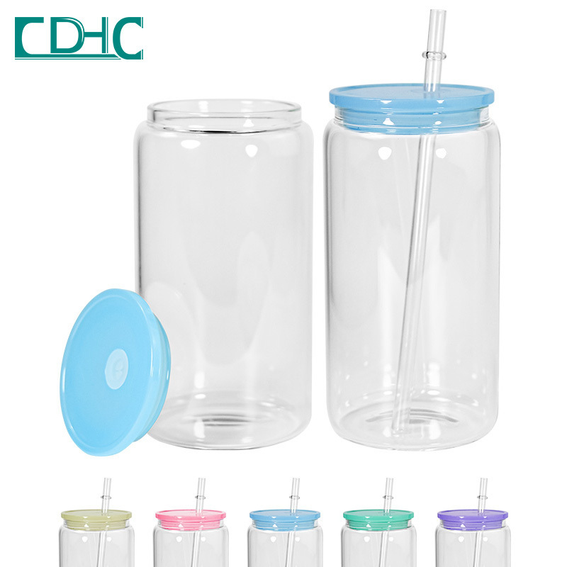 16oz jelly glass can sublimation blanks clear frosted glass tumbler with straw and mix color lids