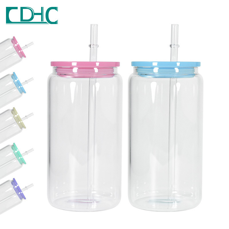 16oz jelly glass can sublimation blanks clear frosted glass tumbler with straw and mix color lids