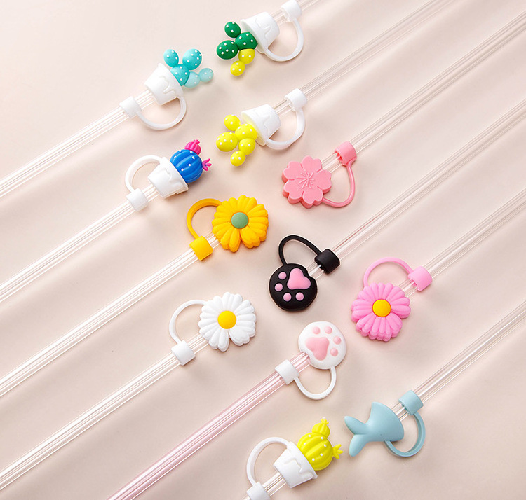 Wholesale Cute Cartoon Straw Silicone Dustproof Cover Drinking Straw Plugs Reusable Straw Tip Cover Toppers