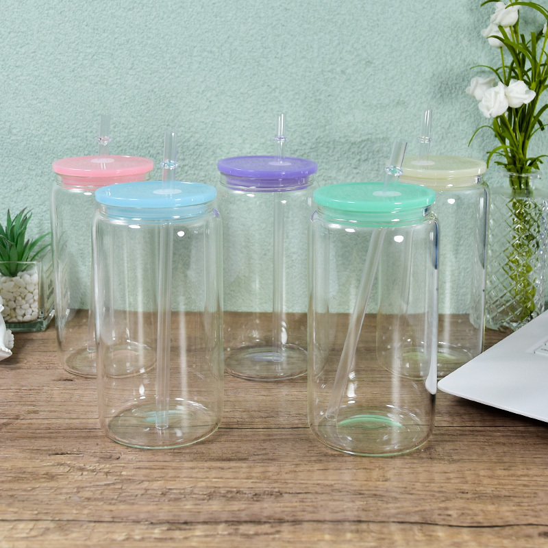 16oz jelly glass can sublimation blanks clear frosted glass tumbler with straw and mix color lids