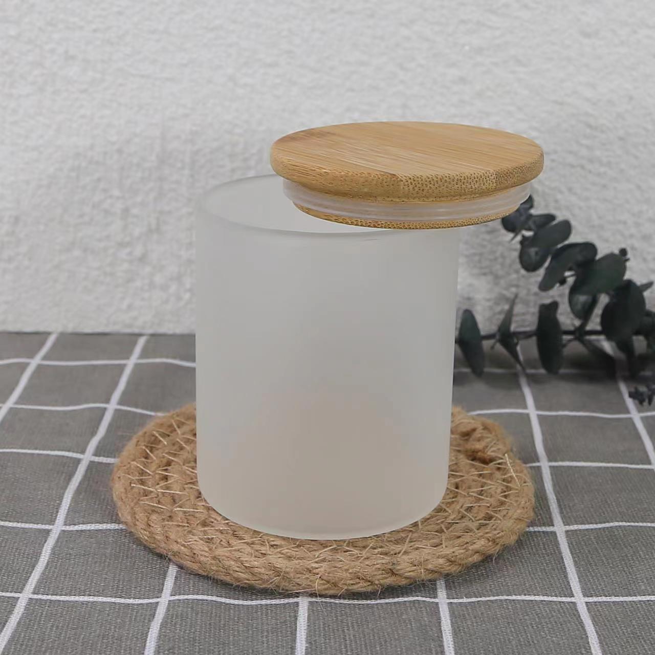 Wholesale in bulk Sublimation Straight Stash 10oz frosted glass cup candle holders, lanterns, & candle jars with wooden lid