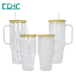 New arrival customized logo 32oz 40oz wooden lid sublimation clear and frosted water glass tumbler mug with handle and straw