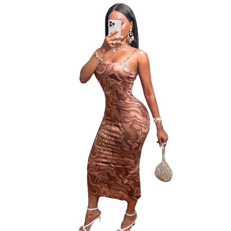 Custom Pattern Summer Mermaid  Brown All Over Marble Print Sleeveless Spaghetti Slip Sexy Bodycon Dress Women